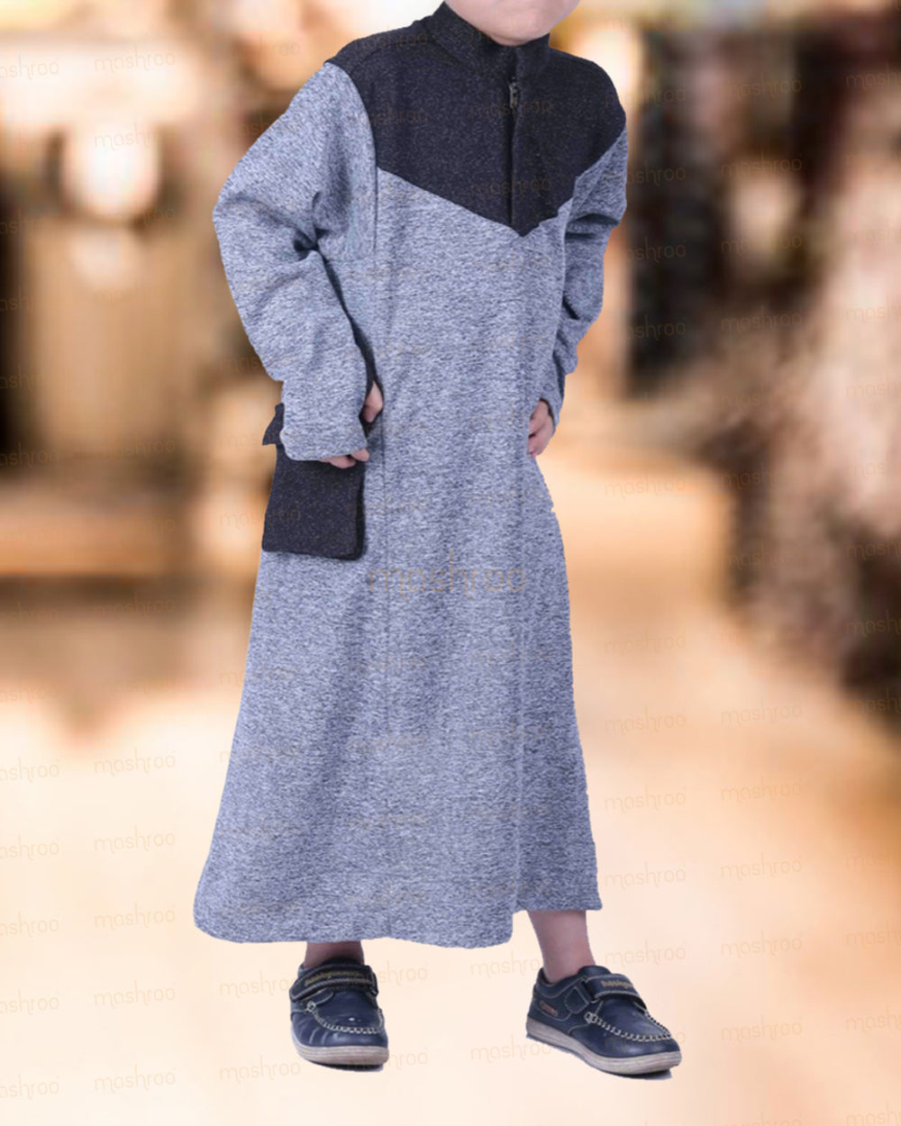 Grey & Black Thumbhole Thobe for Kids