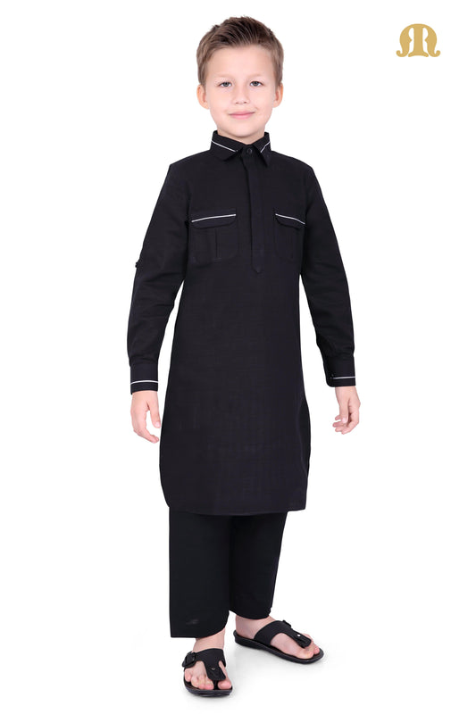 Black Riwaya Pathani Suit for Kids