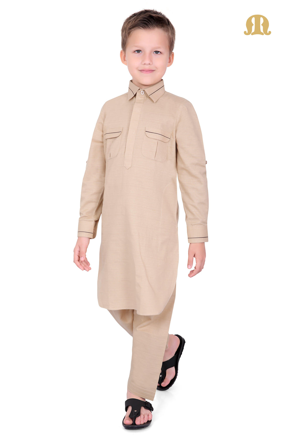 Beige Riwaya Pathani Suit for Kids - Mashroo