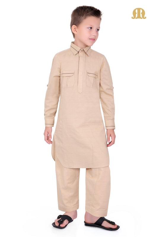 Beige Riwaya Pathani Suit for Kids