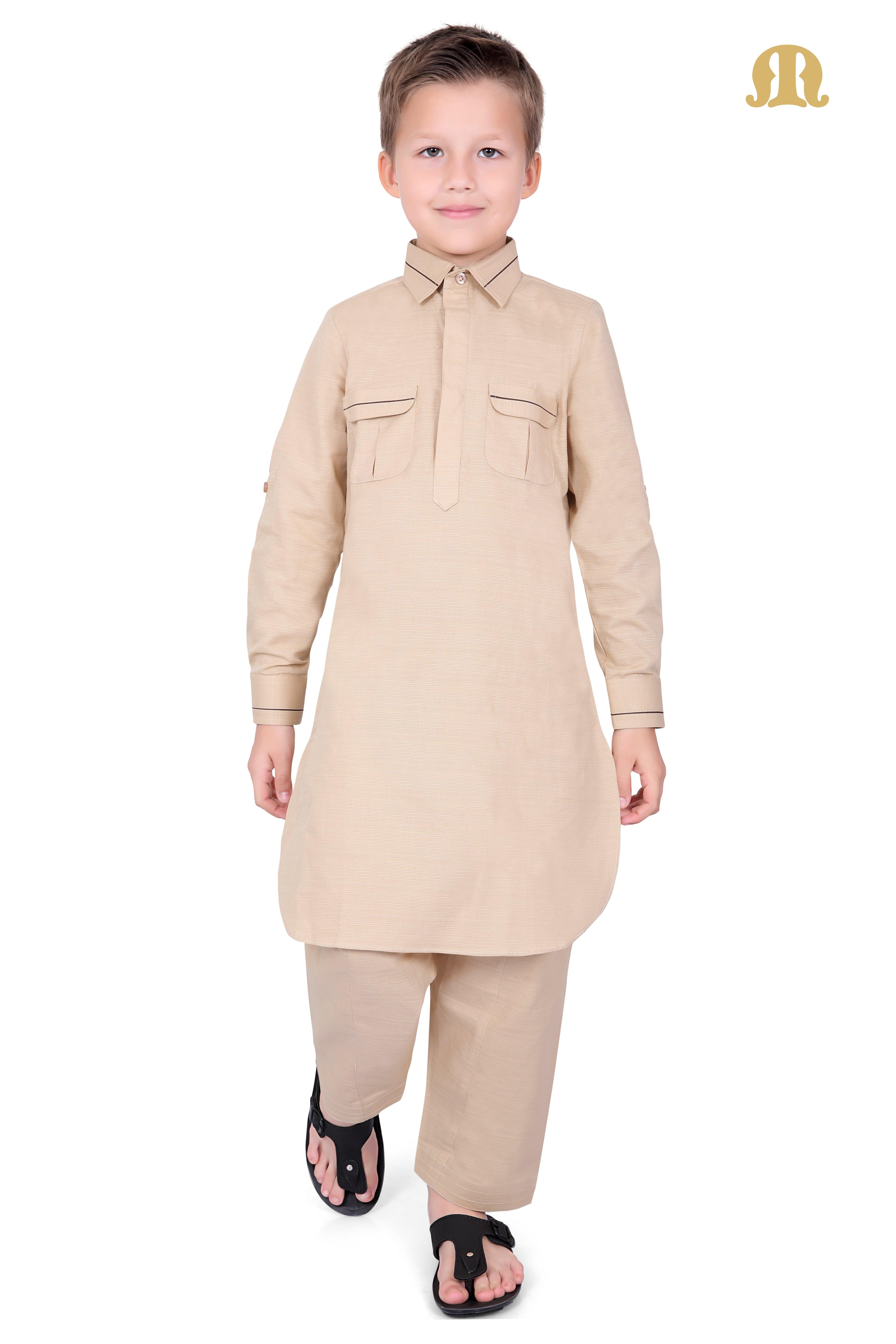 Beige Riwaya Pathani Suit for Kids - Mashroo