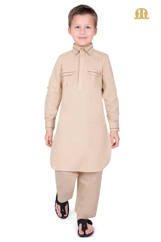 Beige Riwaya Pathani Suit for Kids