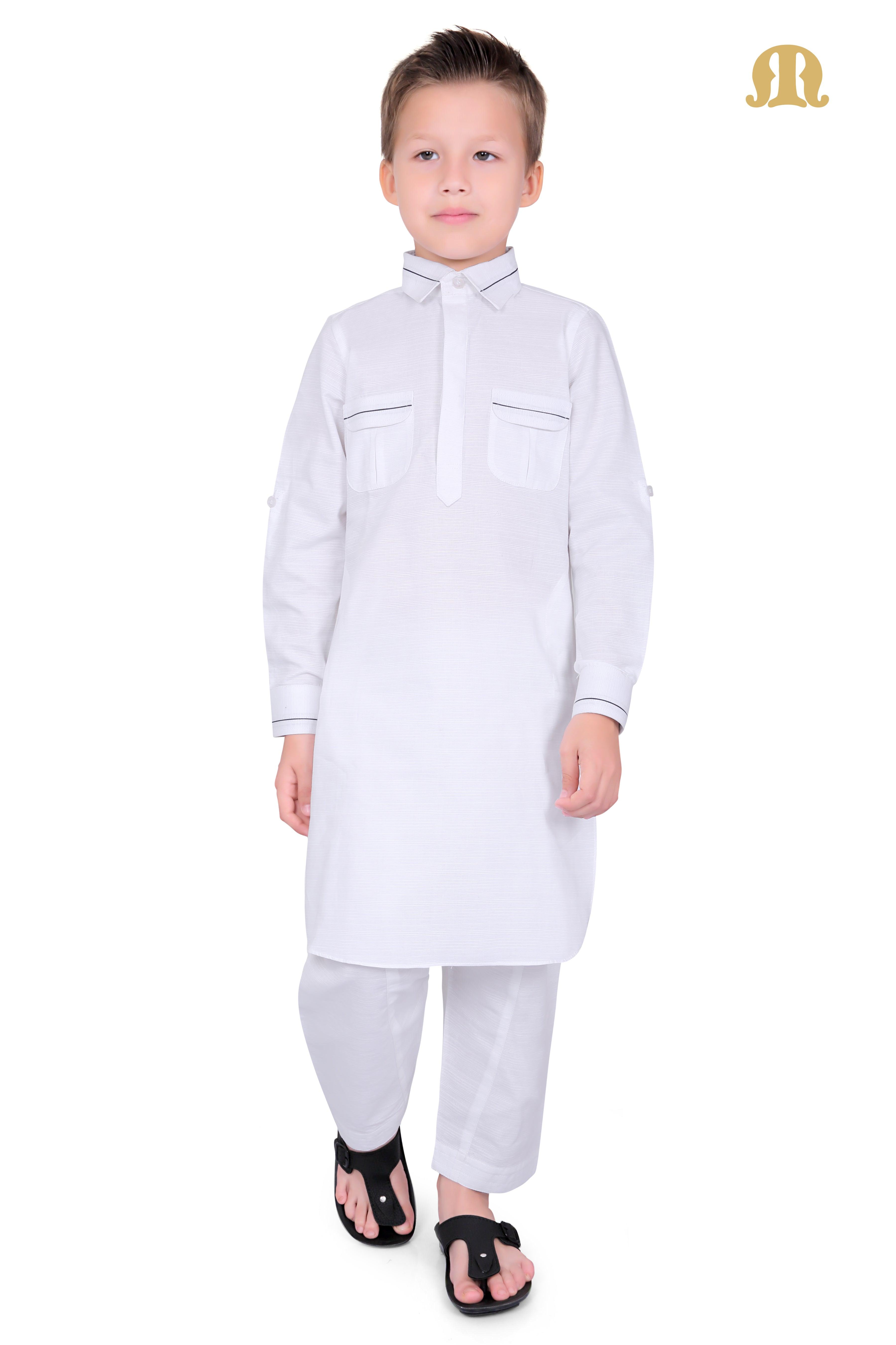 White Riwaya Pathani Suit for Boys - Mashroo