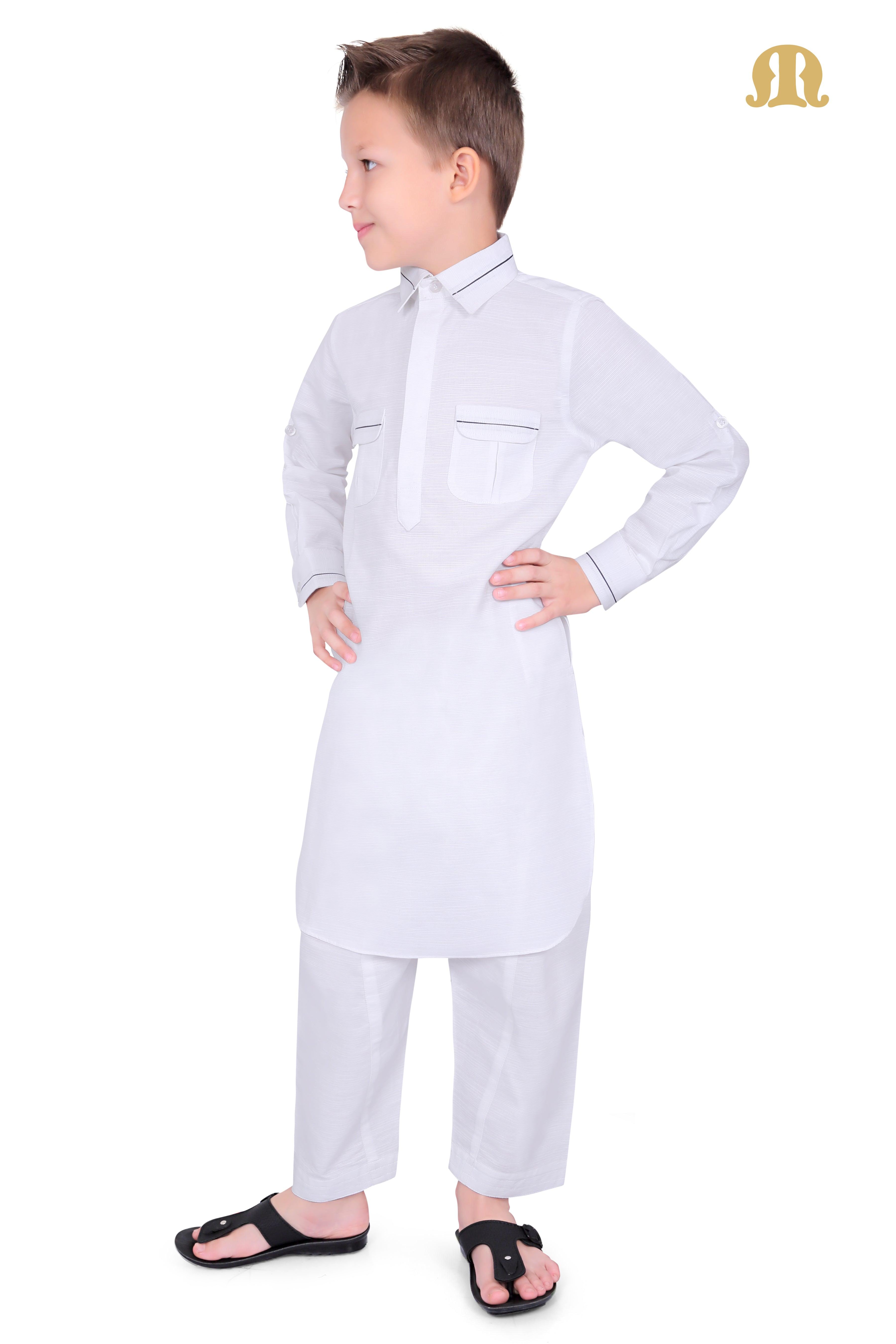White Riwaya Pathani Suit for Boys - Mashroo