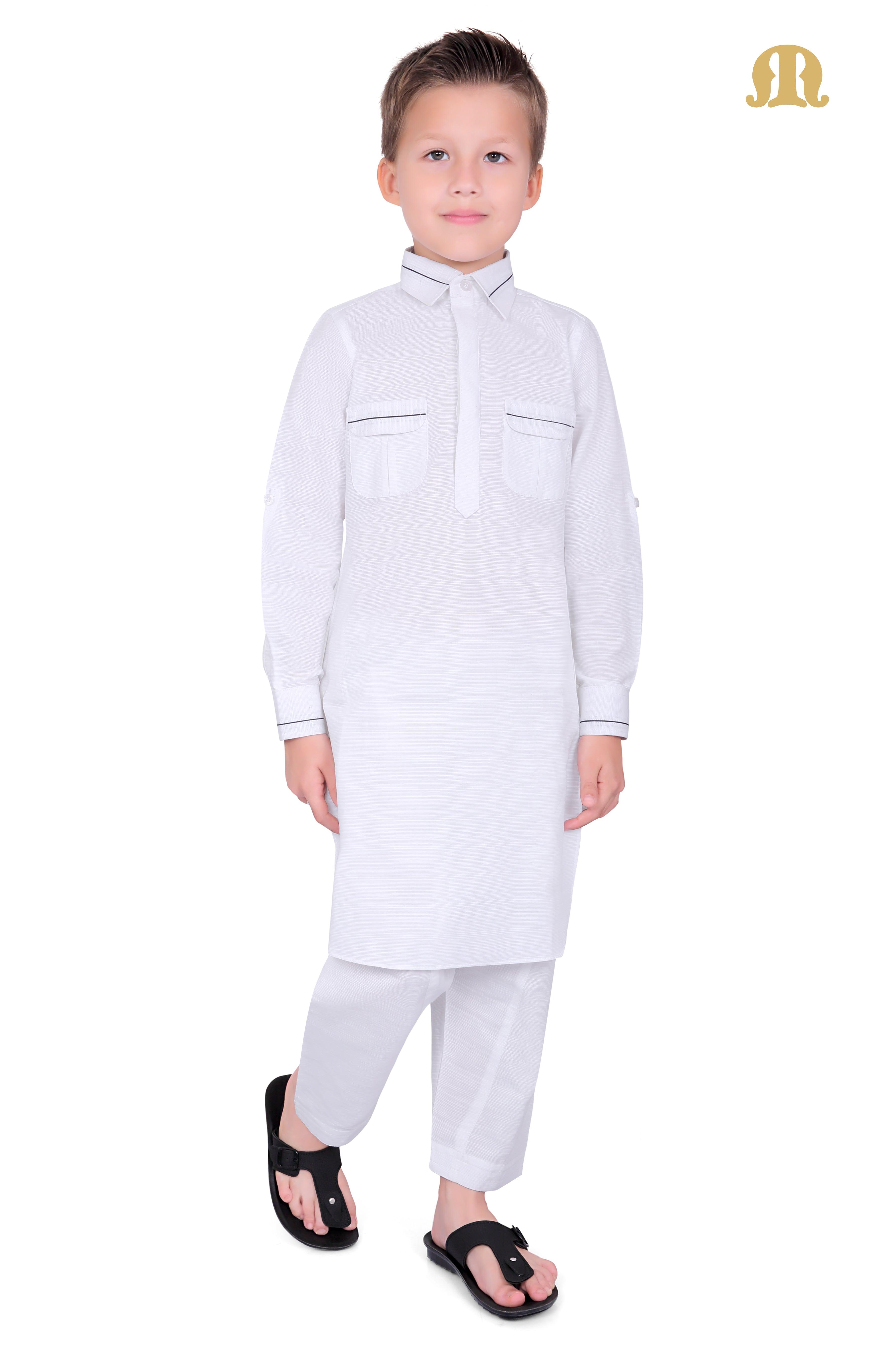 White Riwaya Pathani Suit for Kids