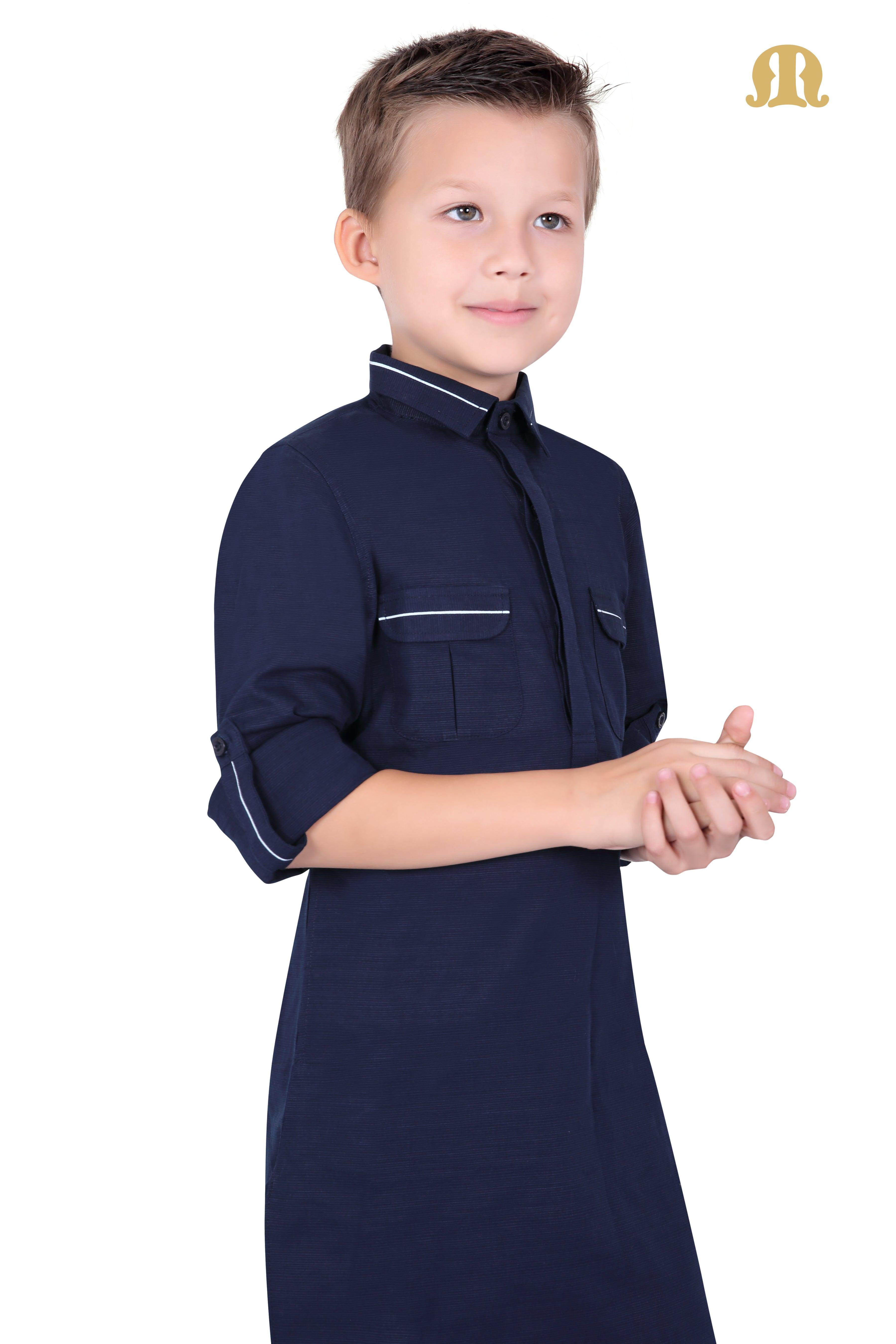 Navy Blue Riwaya Pathani Suit for Kids