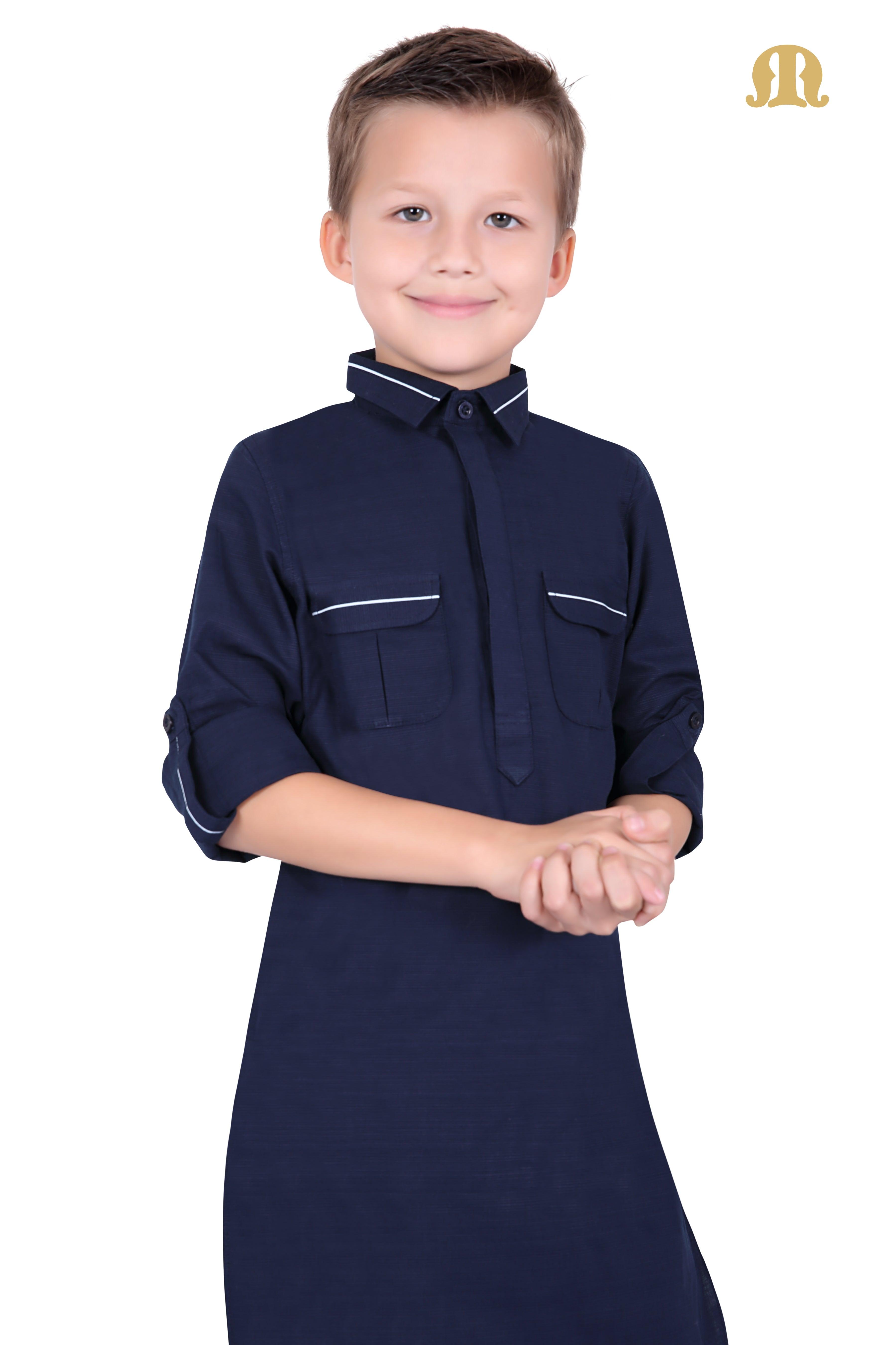 Navy Blue Riwaya Pathani Suit for Kids - Mashroo