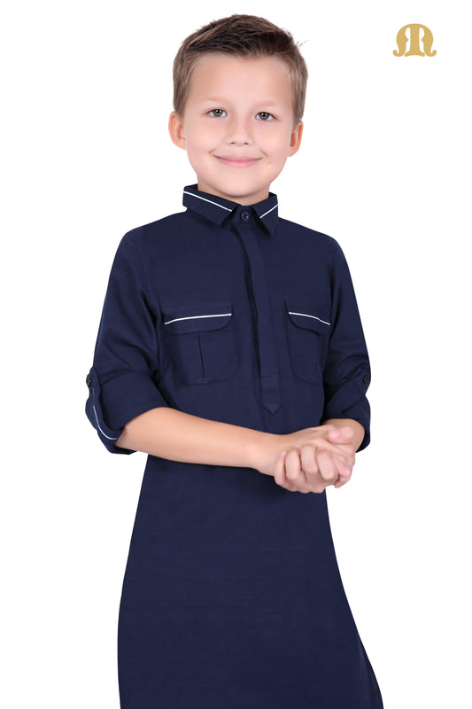 Navy Blue Riwaya Pathani Suit for Kids - Mashroo