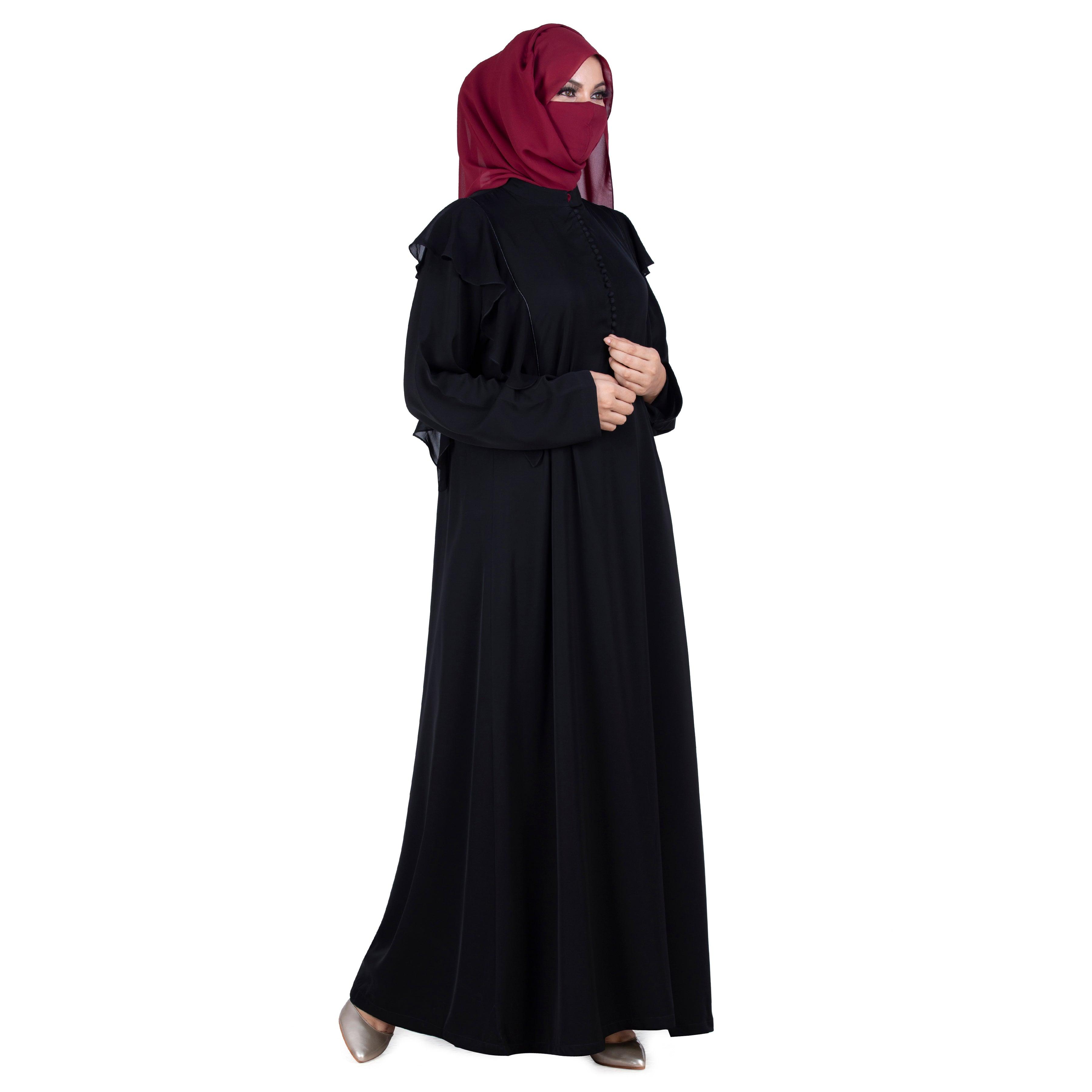 Black Cascade Frilled Abaya for Women - Mashroo