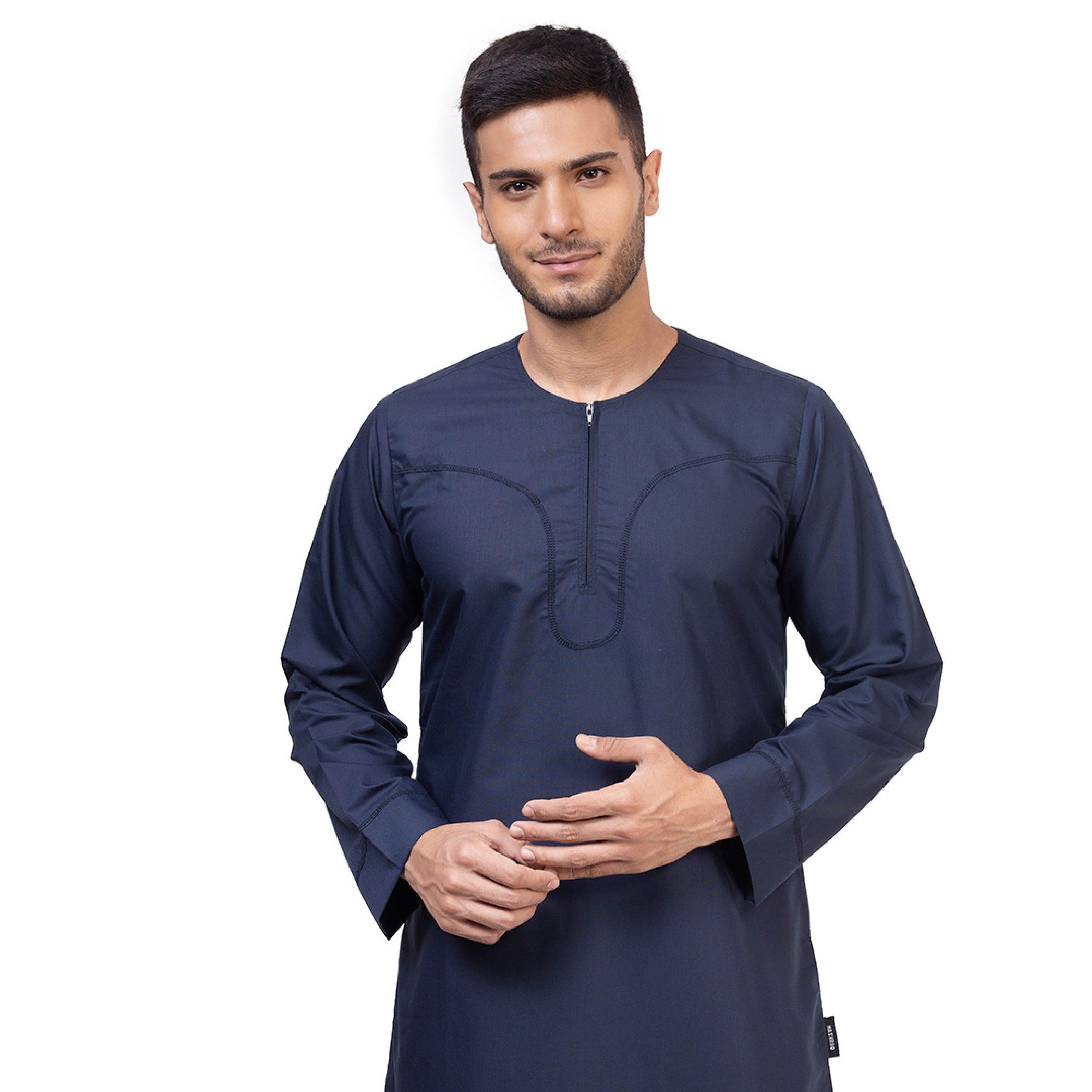 Navy Blue Aplos Omani Thobe For Men - Mashroo