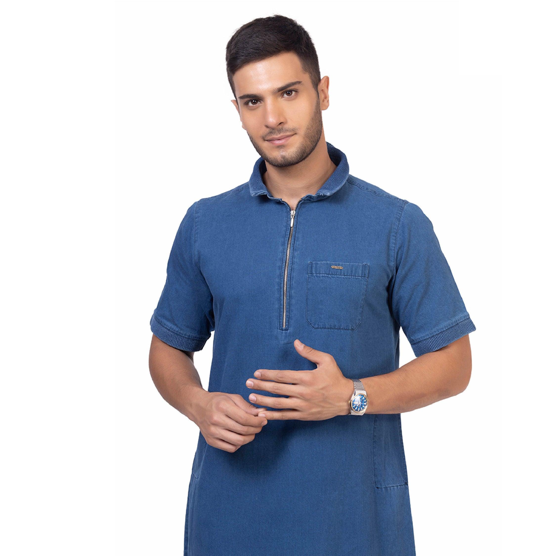 Lido Half Sleeve Denim Thobe for Men - Mashroo
