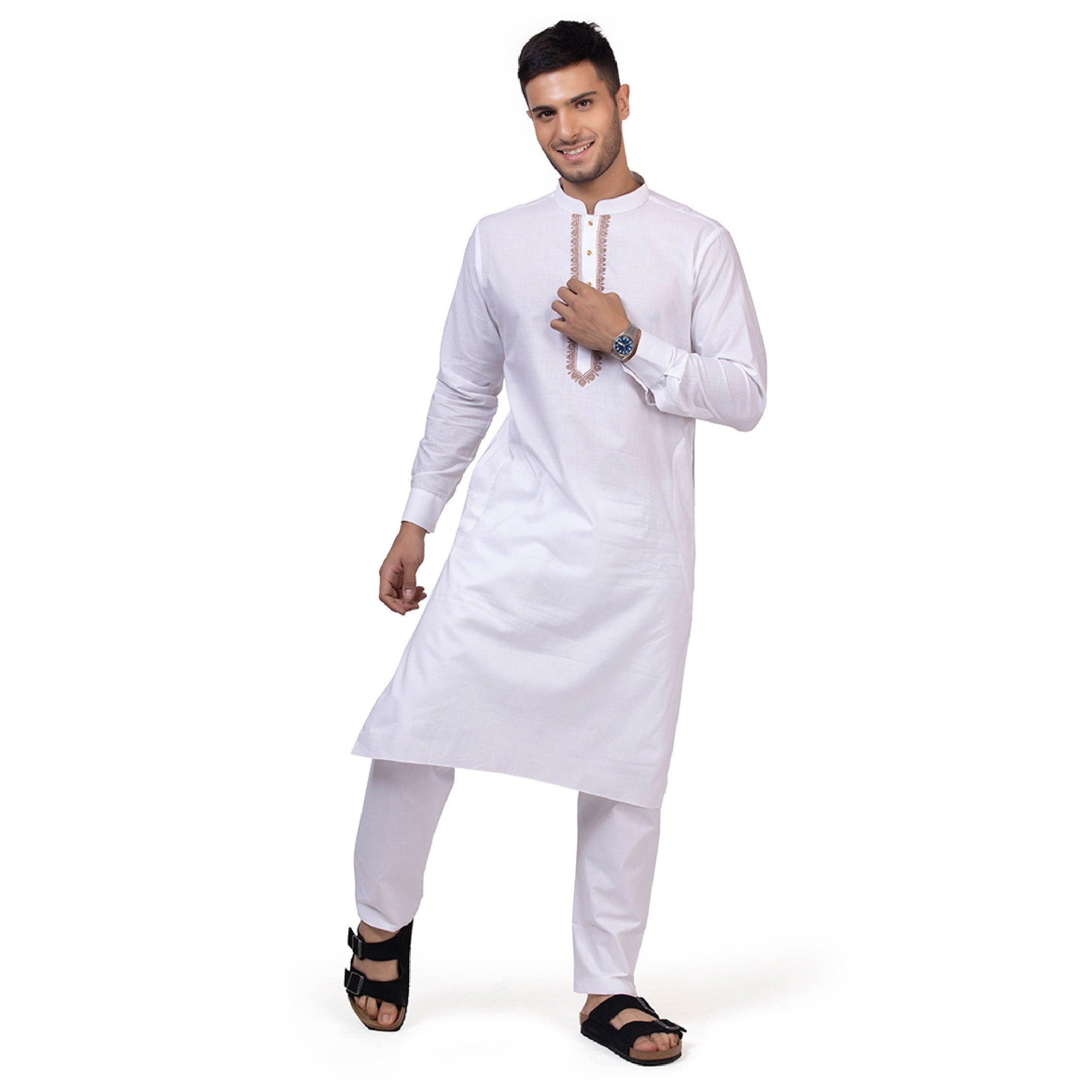 White & Brown Grazia Embroidered Kurta for Men - Mashroo