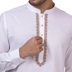 White & Brown Grazia Embroidered Kurta for Men - Mashroo