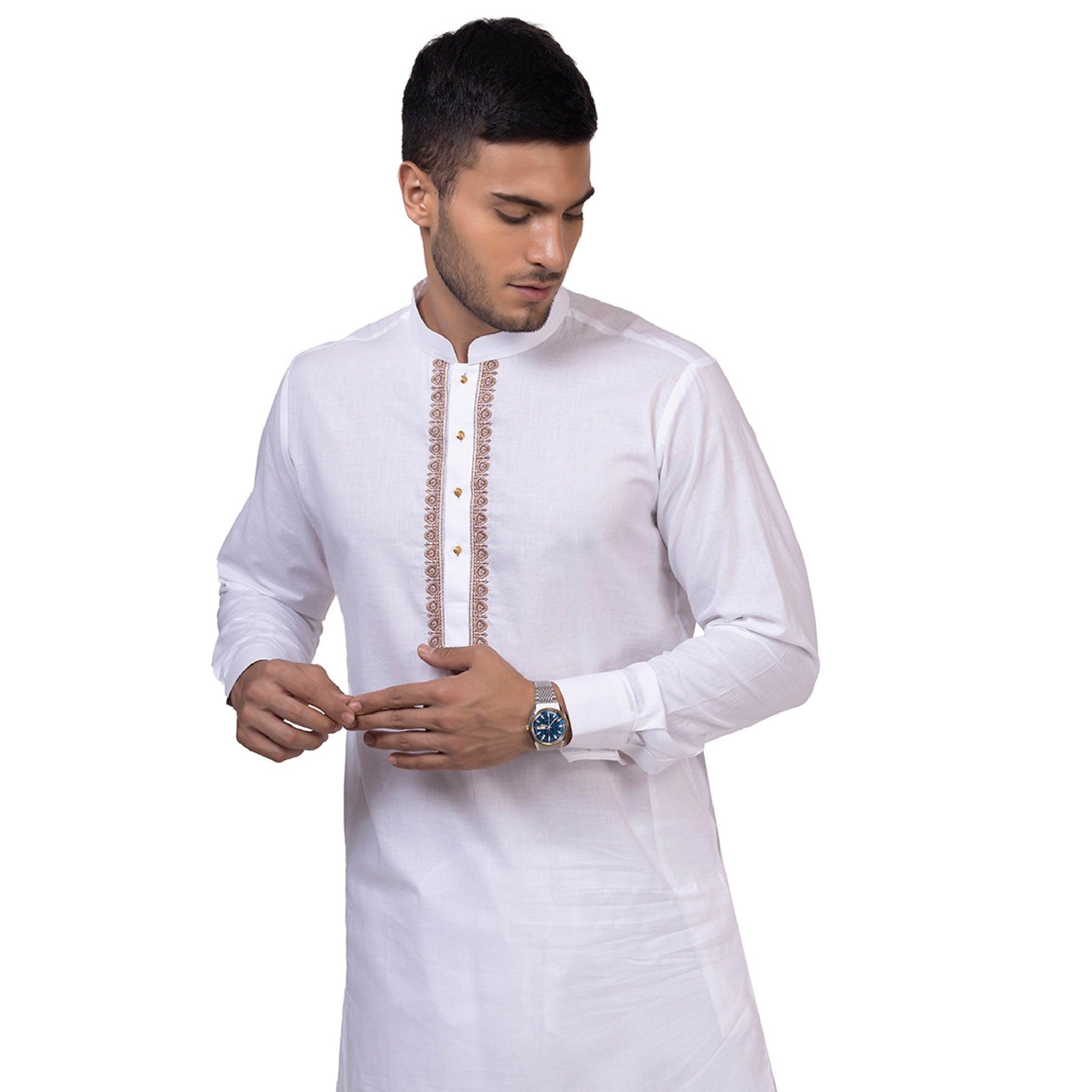 White & Brown Grazia Embroidered Kurta for Men - Mashroo