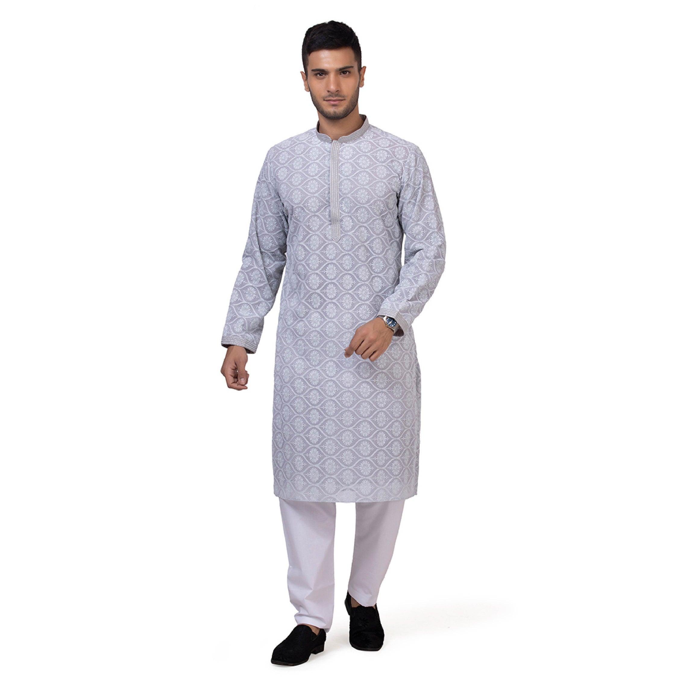 Regium Chikankari Grey Kurta for Men - Mashroo