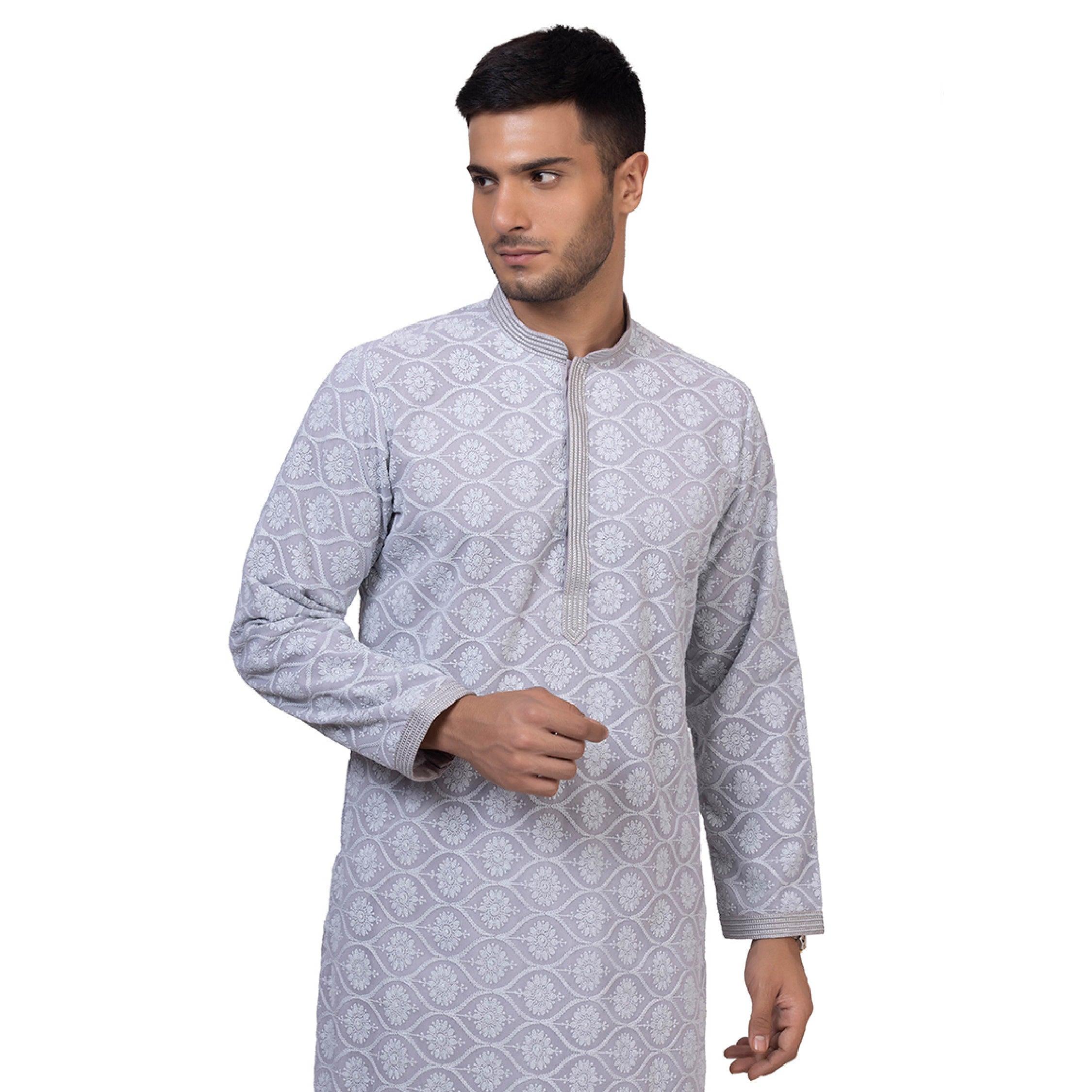 Regium Chikankari Grey Kurta for Men - Mashroo