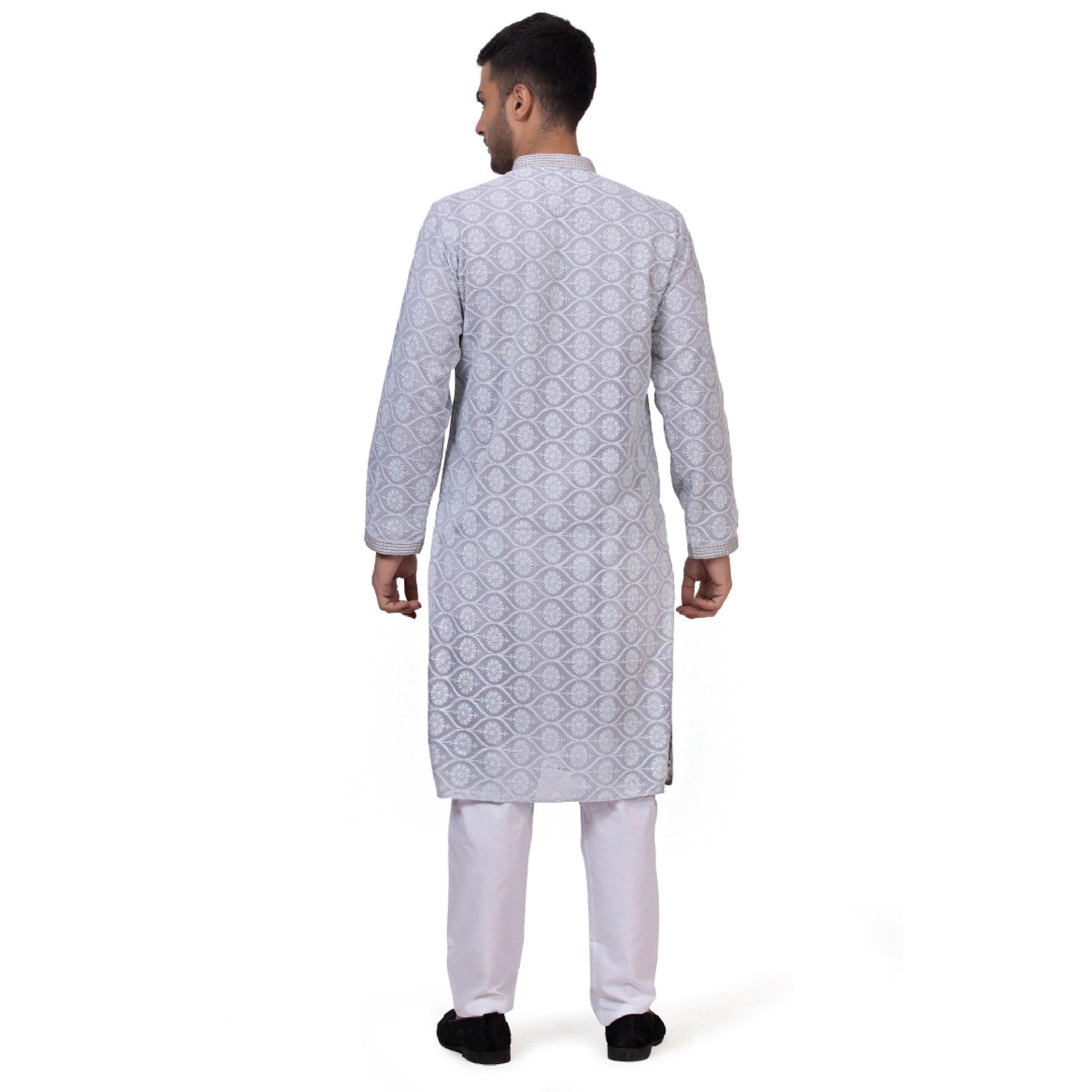 Regium Chikankari Grey Kurta for Men - Mashroo