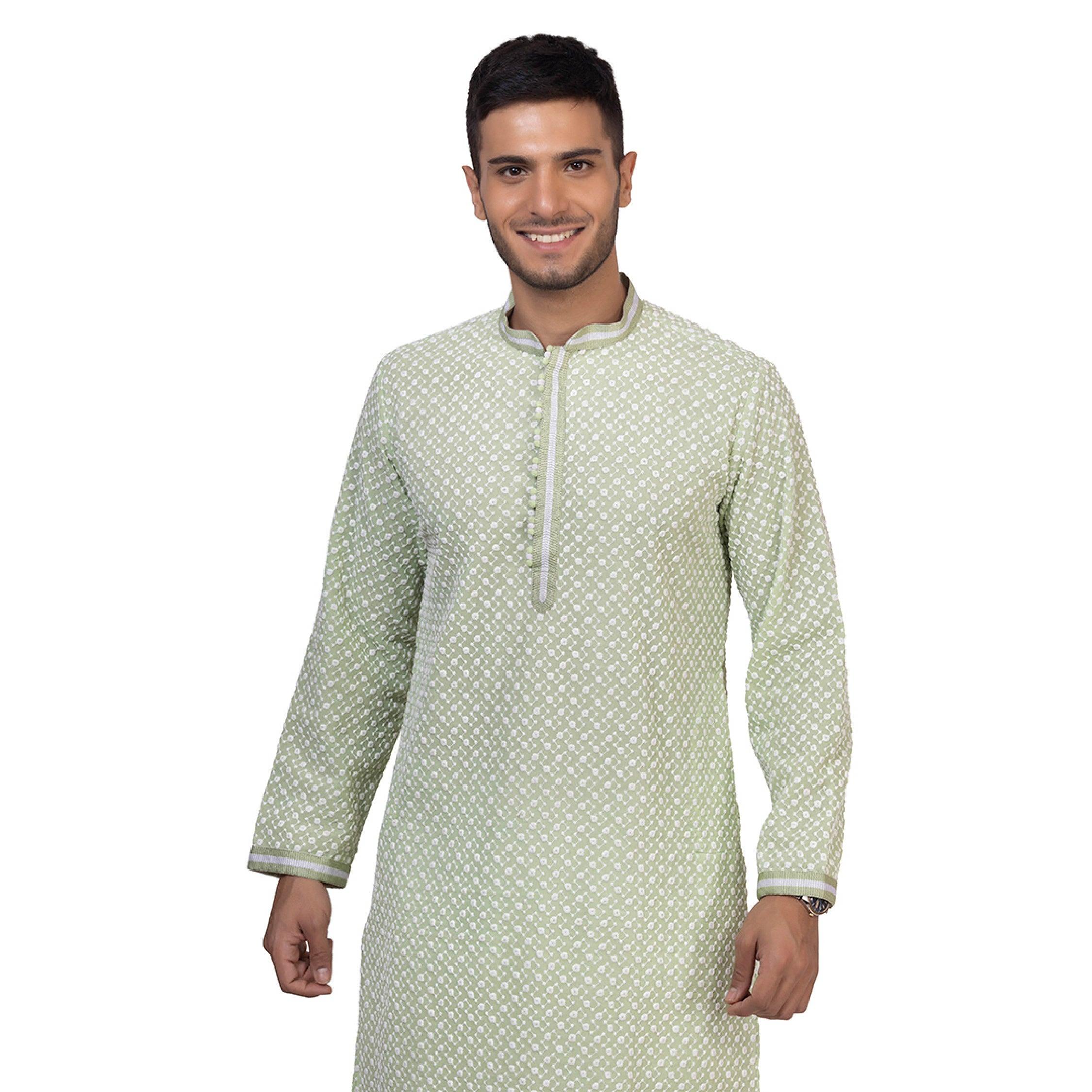 Regium Chikankari Lemon Green Kurta for Men - Mashroo