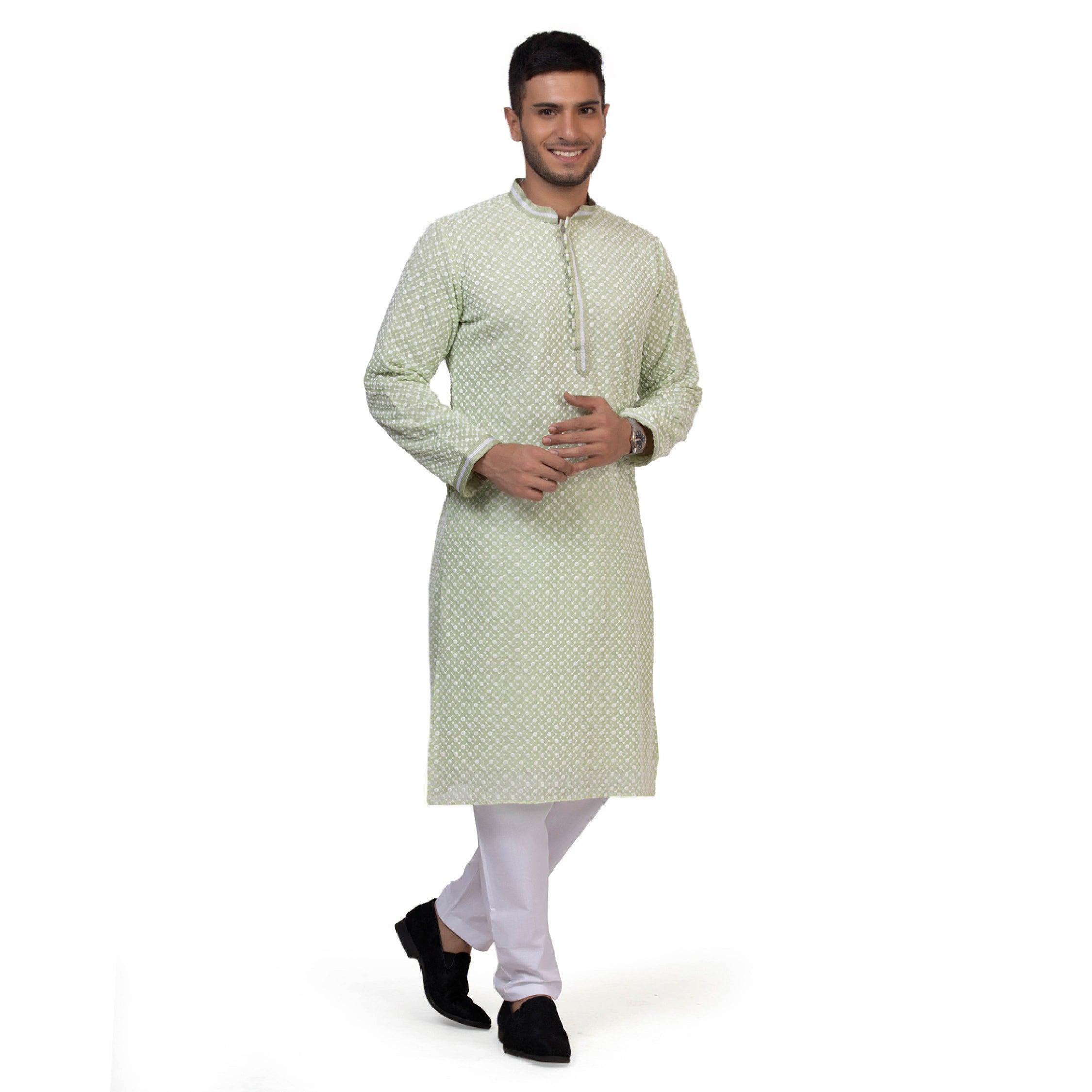 Regium Chikankari Lemon Green Kurta for Men - Mashroo