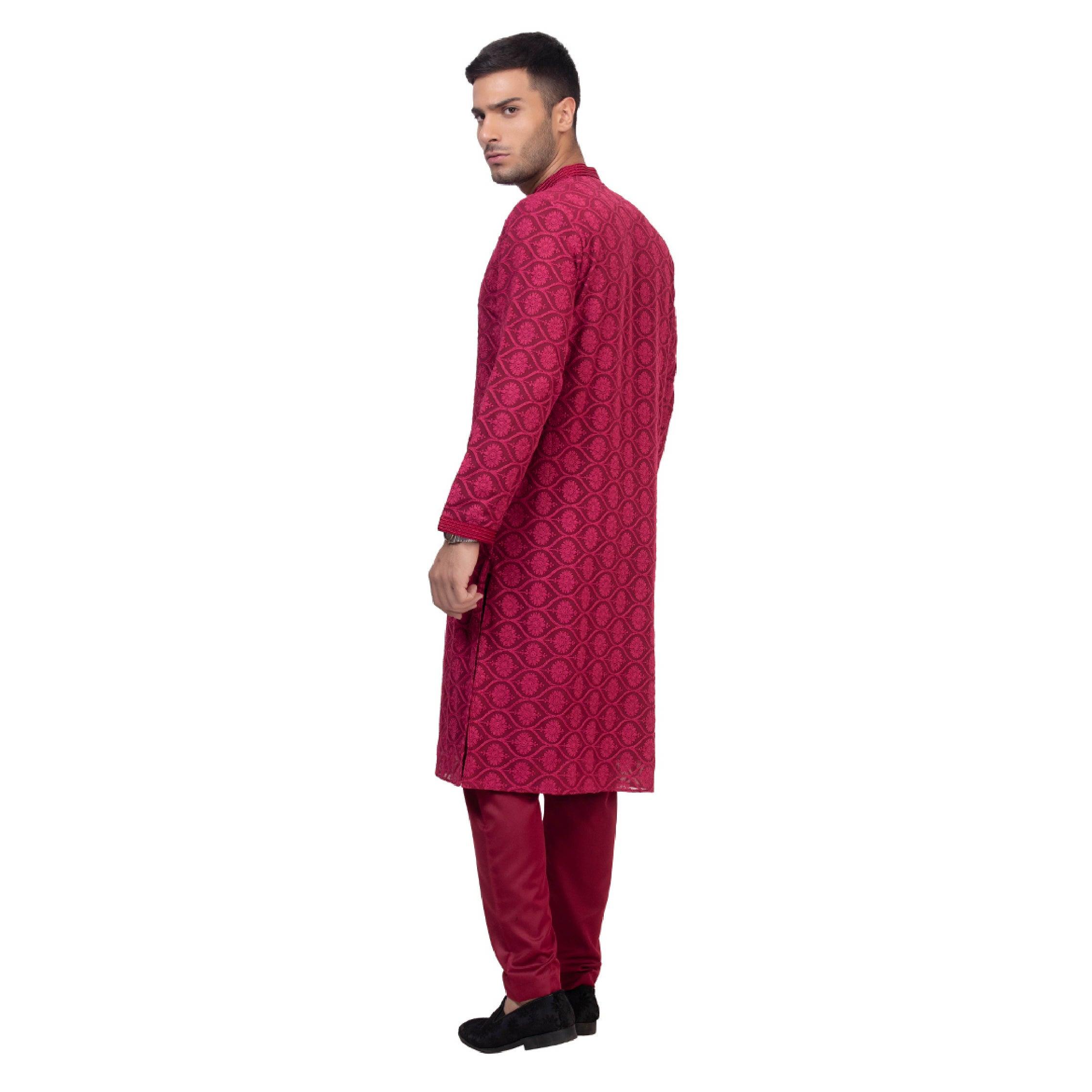 Regium Chikankari Maroon Kurta for Men - Mashroo