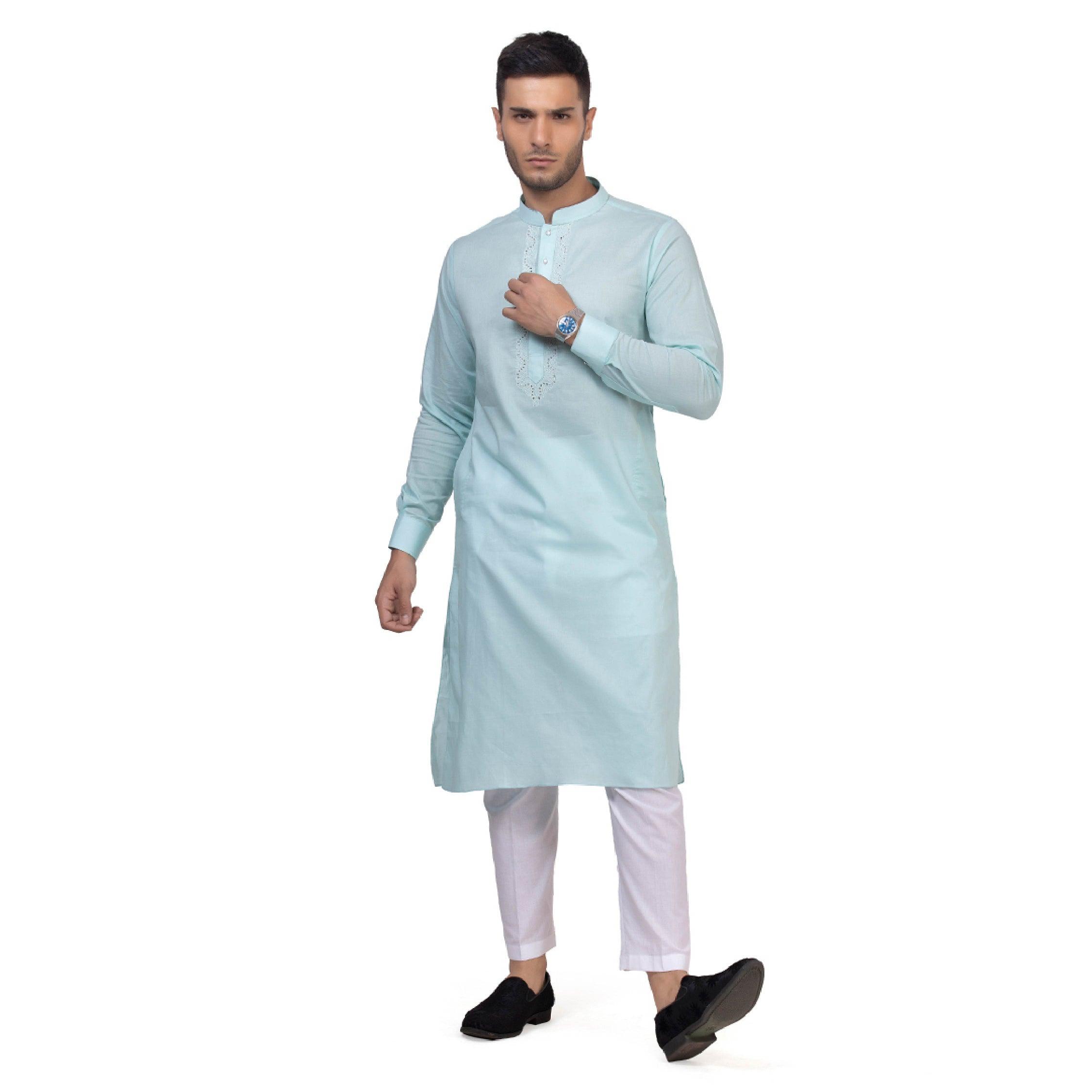 Aqua Blue Grazia Embroidered Kurta Set for Men - Mashroo