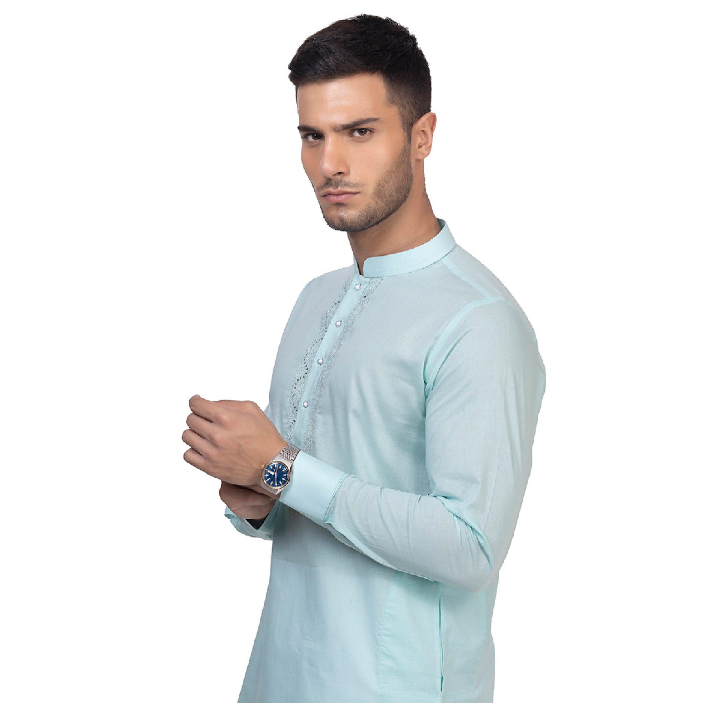 Aqua Blue Grazia Embroidered Kurta Set for Men - Mashroo