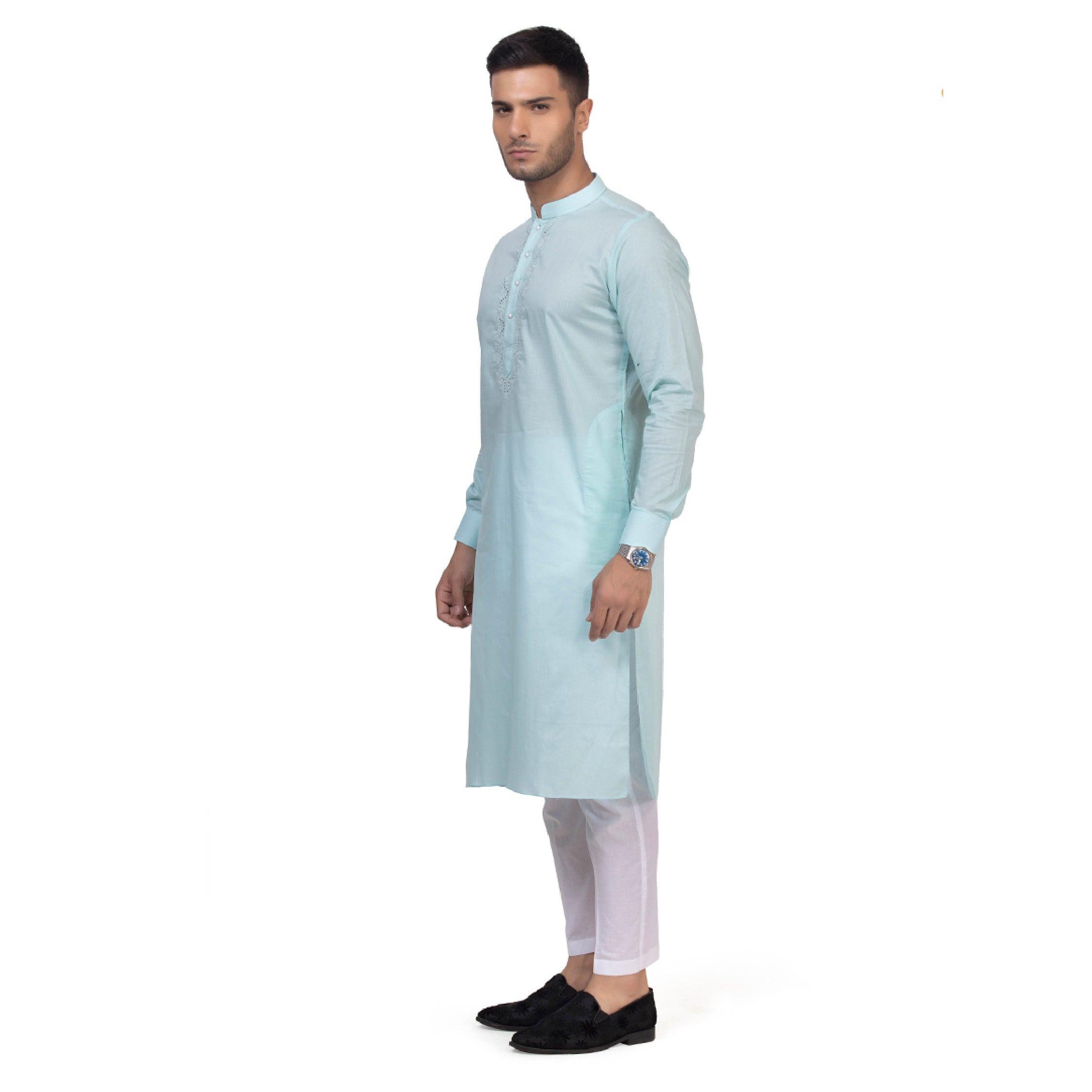 Aqua Blue Grazia Embroidered Kurta Set for Men - Mashroo