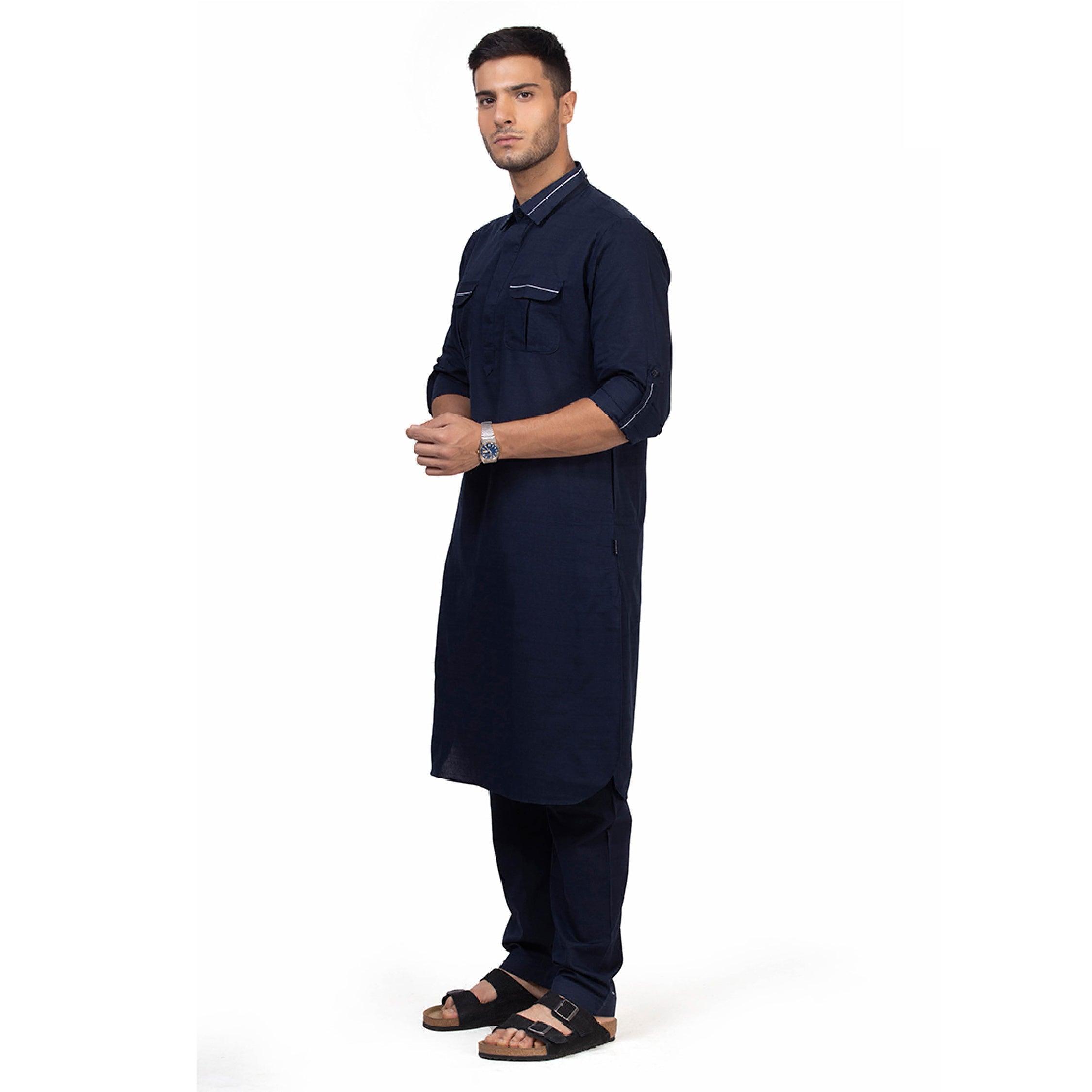 Navy Blue Riwaya Pathani Suit for Men - Mashroo