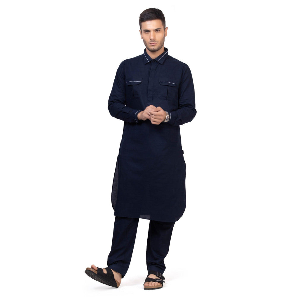 Navy Blue Riwaya Pathani Suit for Men - Mashroo
